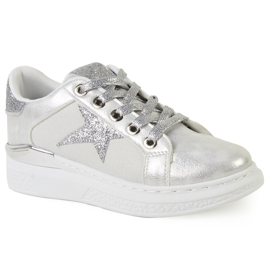Γυναικεία sneakers με glitter λεπτομέρειες Ασημί