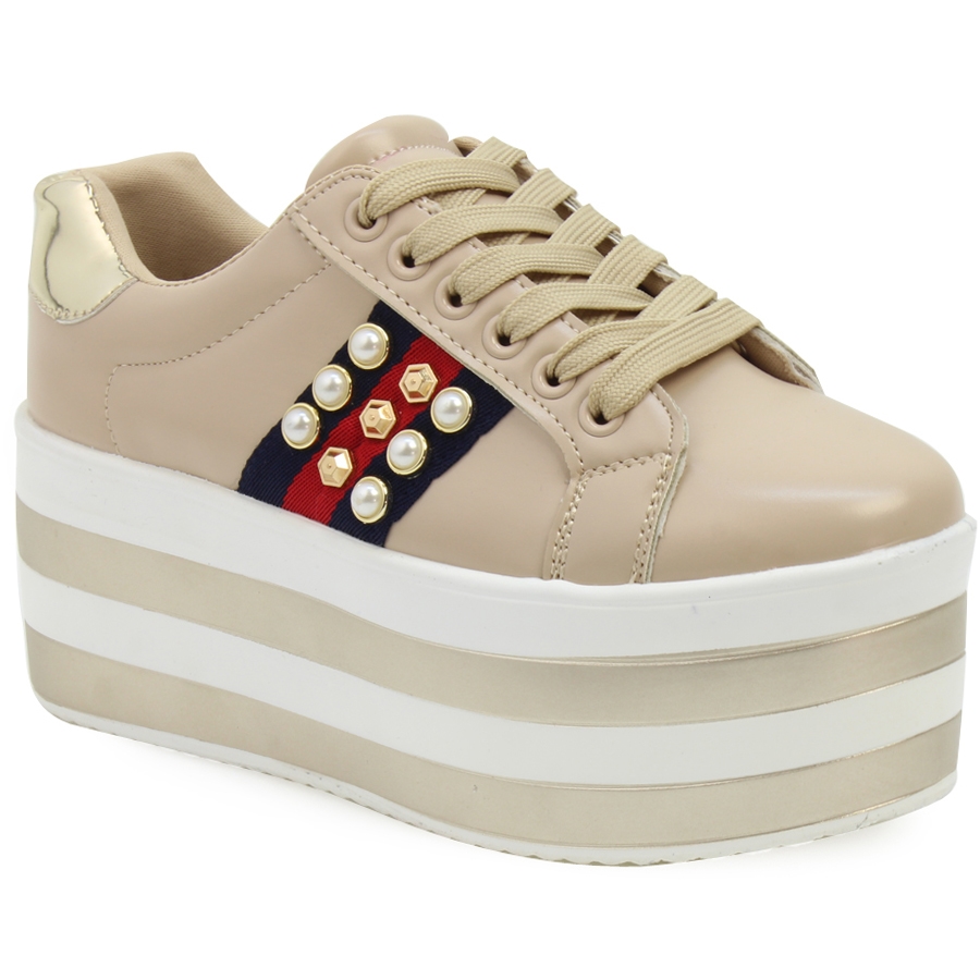 Γυναικεία sneakers με πέρλες και δίχρωμη σόλα Μπεζ