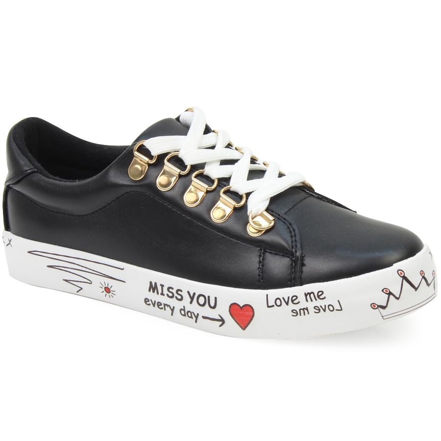 Γυναικεία sneakers με λευκά κορδόνια και σχέδια στη σόλα Μαύρο