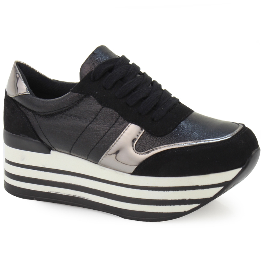 Γυναικεία sneakers με ρίγες στη σόλα και μεταλλιζέ απόχρωση Μαύρο