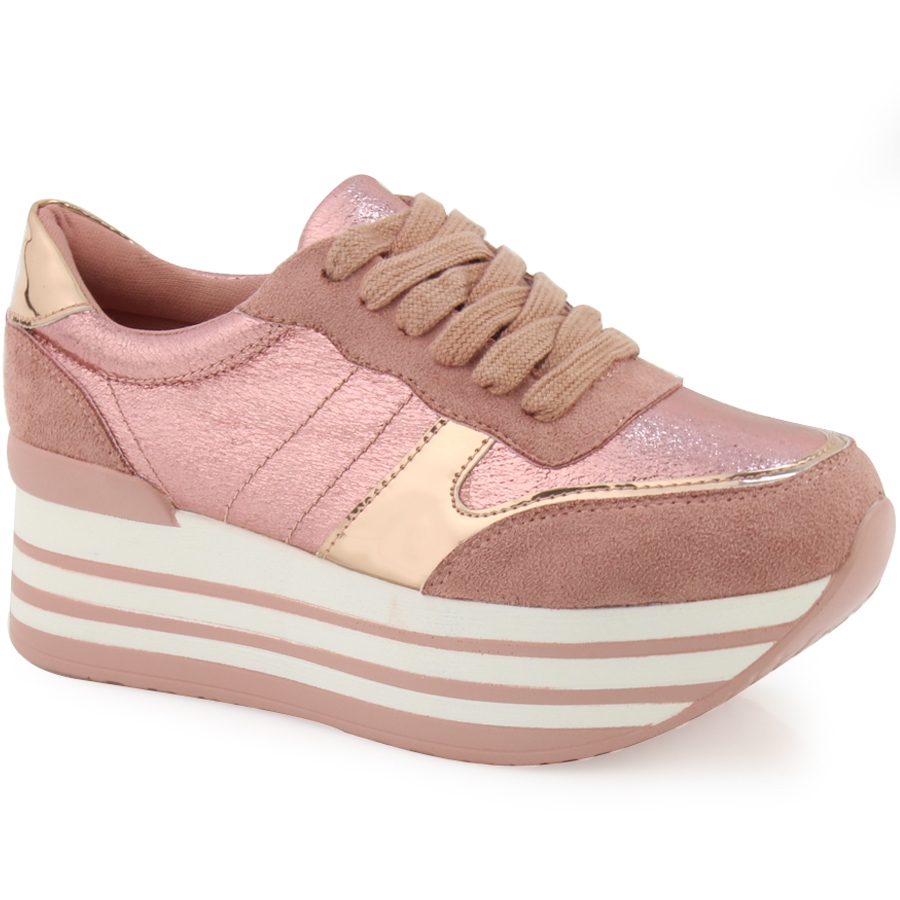 Γυναικεία sneakers με ρίγες στη σόλα και μεταλλιζέ απόχρωση Ροζ