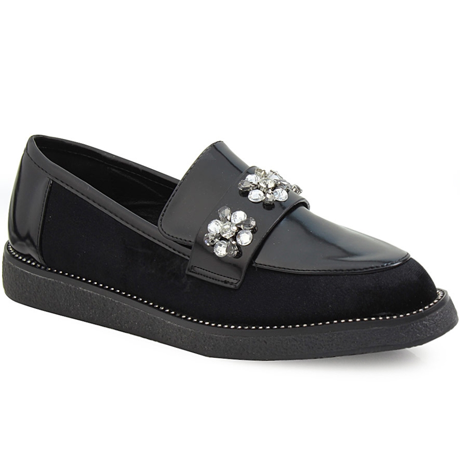 Γυναικεία loafers με λεπτομέρεια λουστρίνι και strass Μαύρο