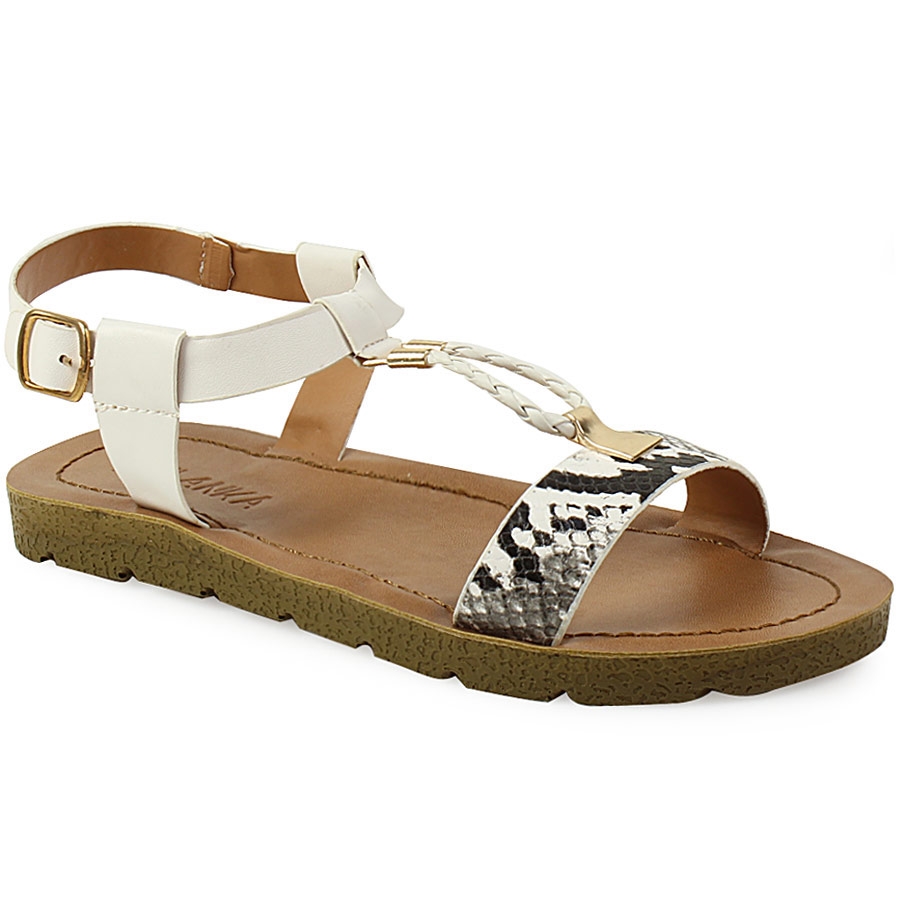 Γυναικεία σανδάλια με T-strap και snake skin σχέδιο Λευκό
