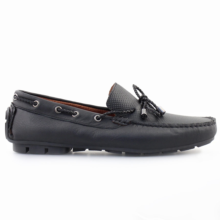 Ανδρικά δερμάτινα loafers με διακοσμητικά κορδόνια Μαύρο