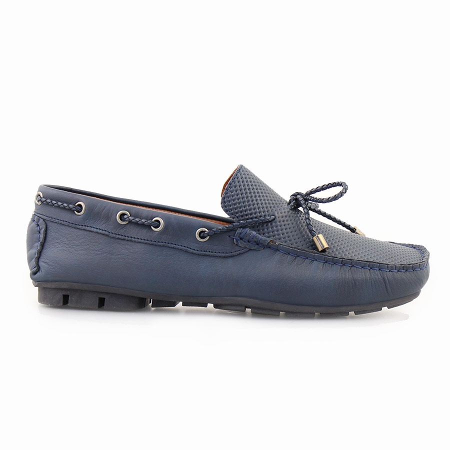 Ανδρικά δερμάτινα loafers με διακοσμητικά κορδόνια Μπλε