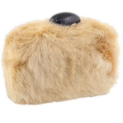 Φάκελοι clutch γούνινοι με μαύρη χειρολαβή Μπεζ μπεζ