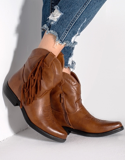 Εικόνα της Μονόχρωμα cowboy μποτάκια χαμηλά με κρόσσια Ταμπά