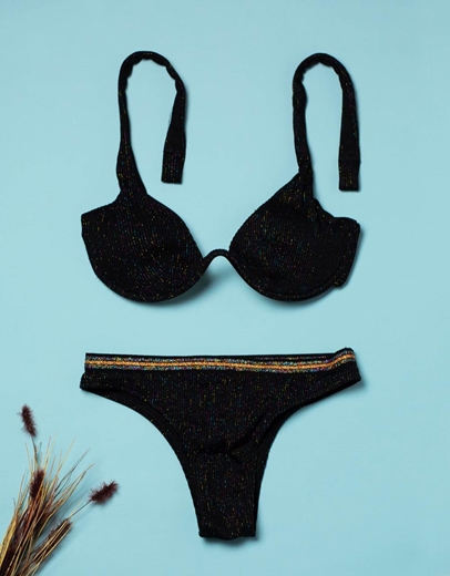 Εικόνα της Γυναικεία μαγιό σετ μπικίνι ριπ με μπανέλα Μαύρο