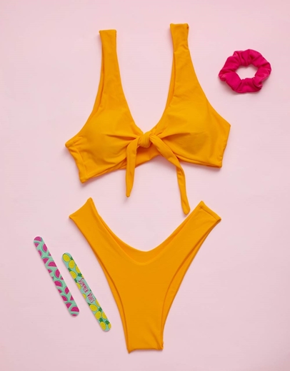 Εικόνα της Γυναικεία μαγιό σετ μπικίνι με δέσιμο στο μπούστο Κίτρινο