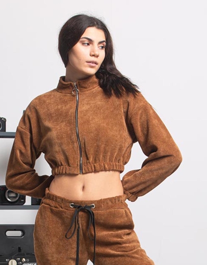 Εικόνα της Crop top βελουτέ με φερμουάρ Καφέ