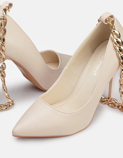 Εικόνα της Γυναικείες γόβες με αλυσίδα και λεπτό τακούνι Nude