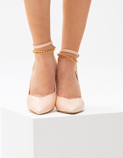 Εικόνα της Γυναικείες γόβες με μπαρέτα & διακοσμητική αλυσίδα Nude