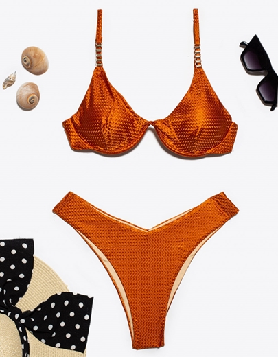 Εικόνα της Γυναικεία μαγιό σετ γυαλιστερό με V cut μπικίνι Πορτοκαλί