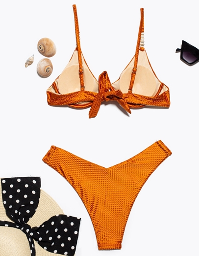 Εικόνα της Γυναικεία μαγιό σετ γυαλιστερό με V cut μπικίνι Πορτοκαλί