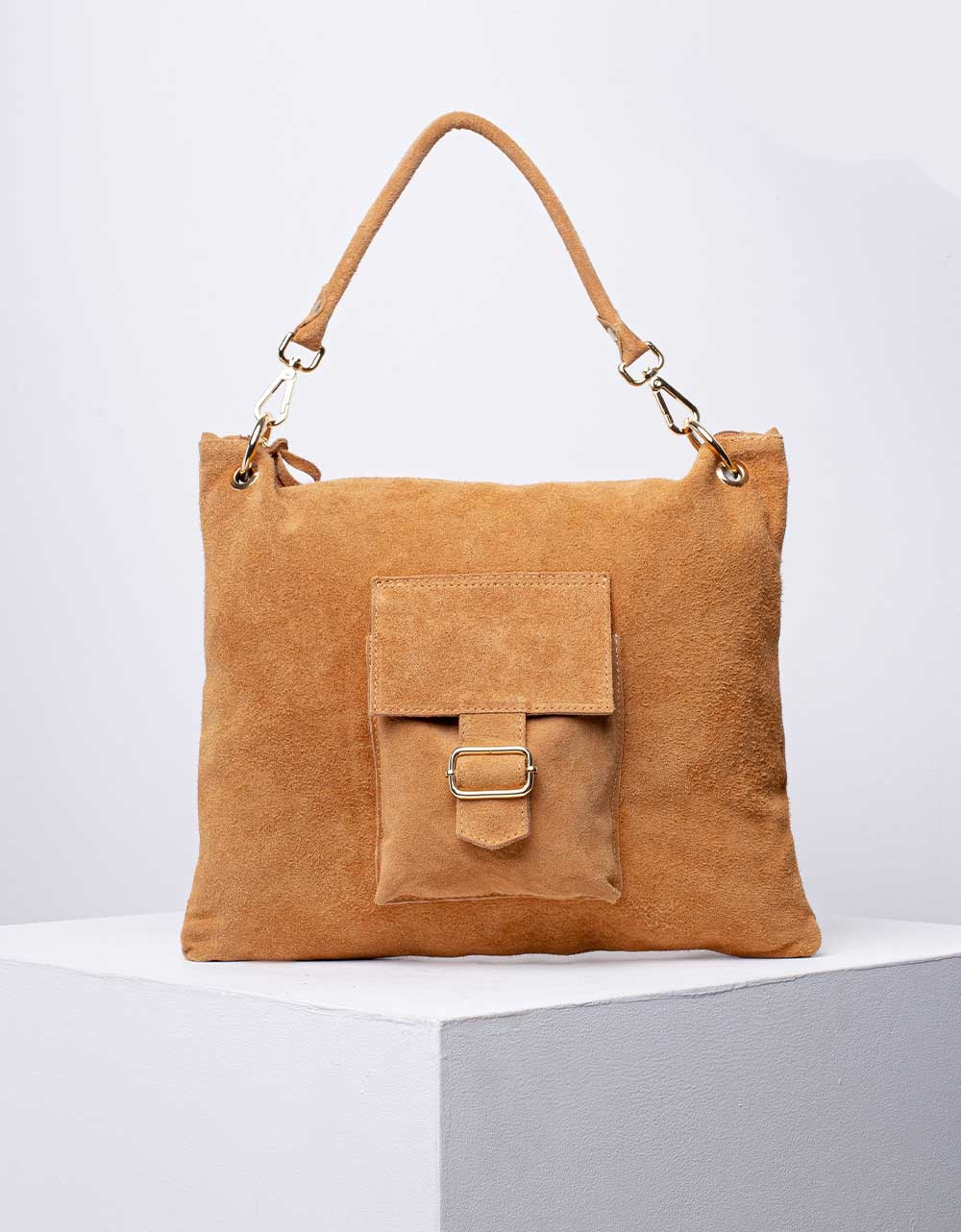Εικόνα από Γυναικεία τσάντα χειρός από γνήσιο δέρμα με εξωτερικό τσεπάκι Κάμελ
