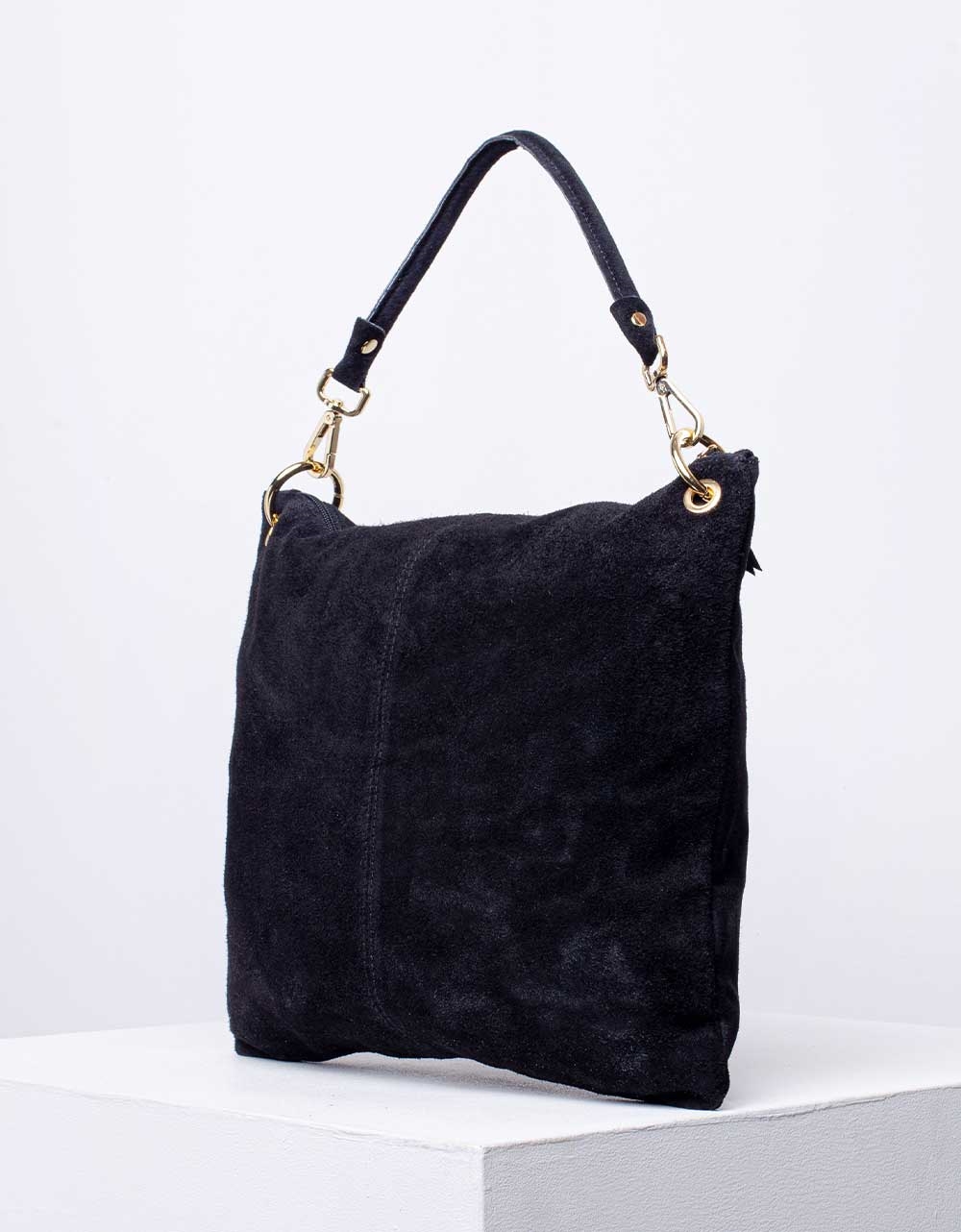 Εικόνα από Γυναικεία τσάντα χειρός από γνήσιο δέρμα με εξωτερικό τσεπάκι Μαύρο
