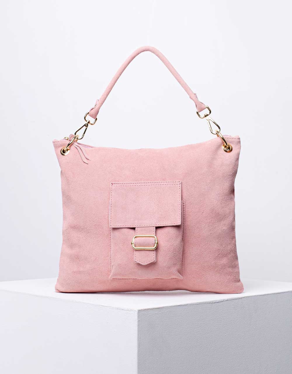 Εικόνα από Γυναικεία τσάντα χειρός από γνήσιο δέρμα με εξωτερικό τσεπάκι Ροζ