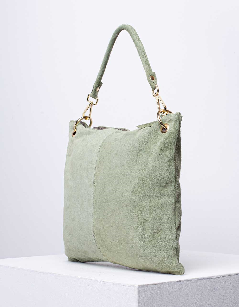 Εικόνα από Γυναικεία τσάντα χειρός από γνήσιο δέρμα με εξωτερικό τσεπάκι Λαδί