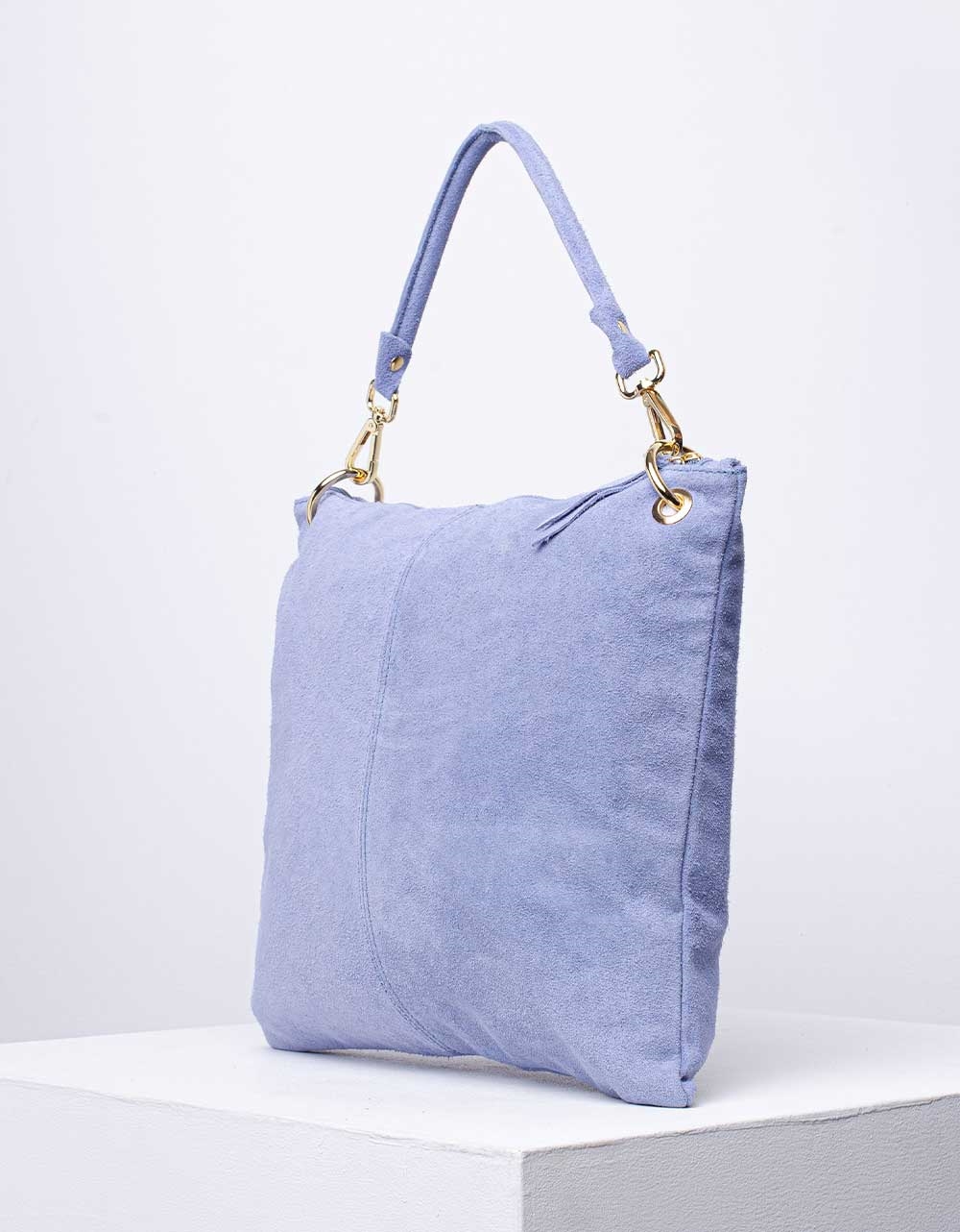 Εικόνα από Γυναικεία τσάντα χειρός από γνήσιο δέρμα με εξωτερικό τσεπάκι Σιέλ