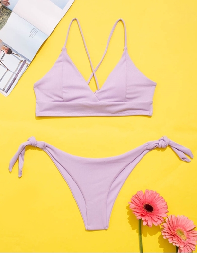 Εικόνα της Γυναικεία μαγιό σετ μπικίνι με χιαστί δέσιμο Λιλά