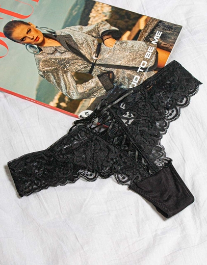 Εικόνα της Γυναικείο string με δαντέλα και κορδόνια Μαύρο