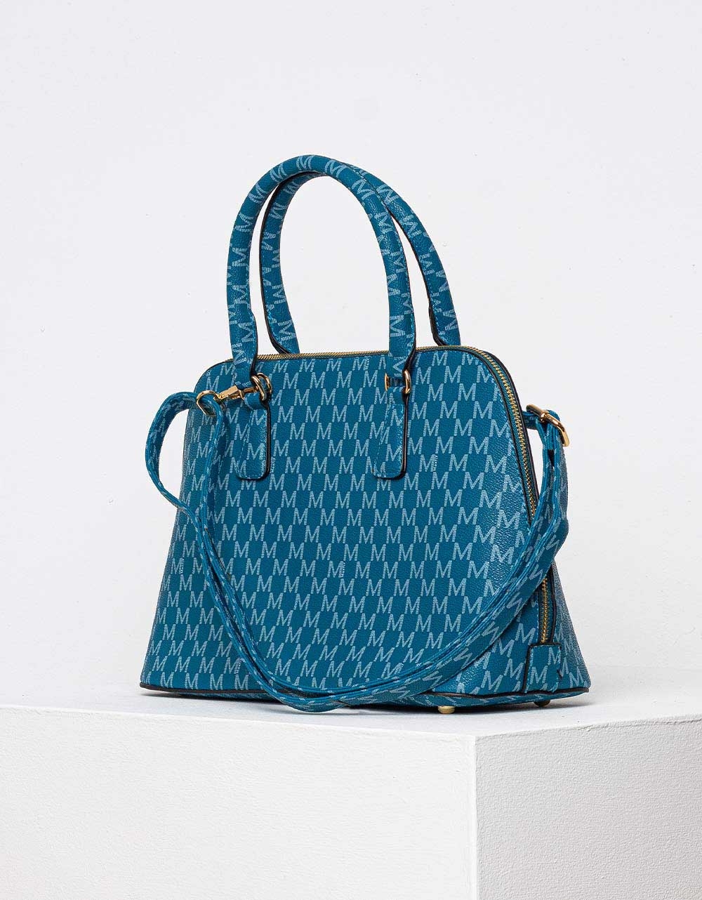 Εικόνα από Γυναικεία τσάντα χειρός με μεταλλικό διακοσμητικό Μπλε