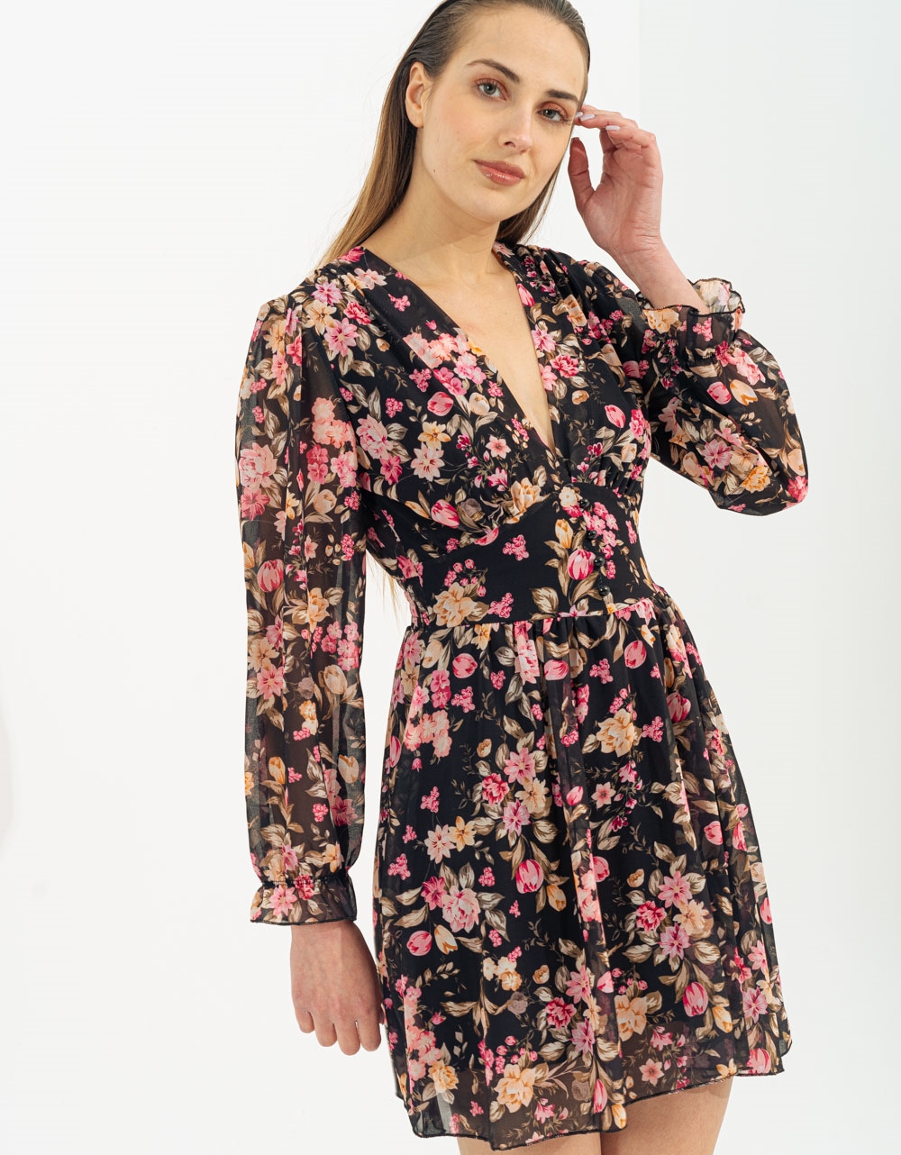 Εικόνα από Floral mini φόρεμα αμπίρ με μακριά μανίκια Μαύρο