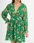 Εικόνα από Floral mini φόρεμα αμπίρ με μακριά μανίκια Πράσινο