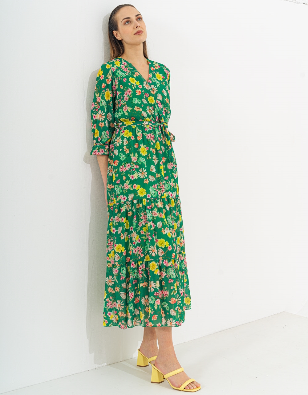 Εικόνα από Αμπίρ maxi floral φόρεμα με μανίκια 3/4 Πράσινο