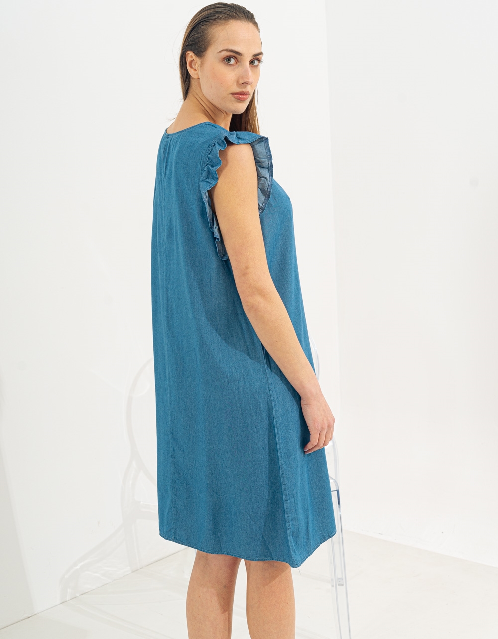 Εικόνα από Midi φόρεμα με βολάν στα μανίκια Μπλε