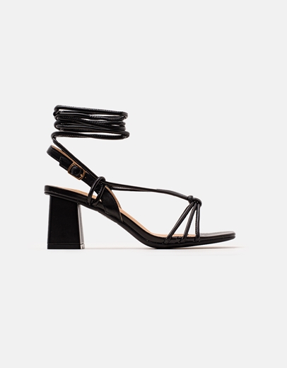 Εικόνα της Γυναικεία πέδιλα σε καρέ γραμμή με κορδόνια Μαύρο