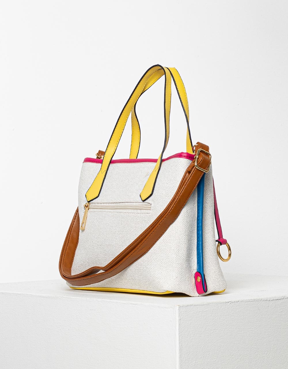 Εικόνα από Γυναικεία τσάντα χειρός με χρωματιστές πινελιές και μεταλλική λεπτομέρεια Λευκό