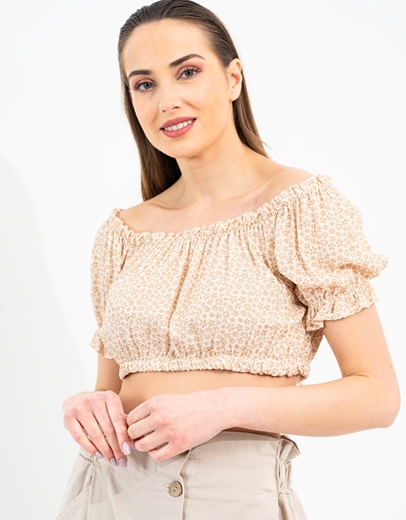 Εικόνα της Floral crop top με λάστιχο στους ώμους και στη μέση Μπεζ