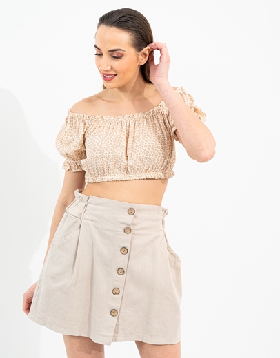 Εικόνα της Floral crop top με λάστιχο στους ώμους και στη μέση Μπεζ