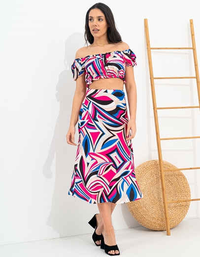 Εικόνα της Εμπριμέ σετ midi φούστα και crop top Ροζ