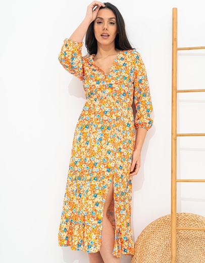 Εικόνα της Midi floral φόρεμα με σκίσιμο Πορτοκαλί