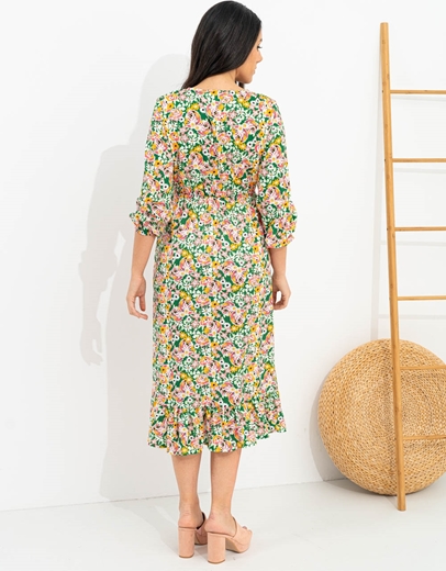 Εικόνα της Midi floral φόρεμα με σκίσιμο Πράσινο