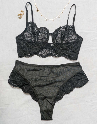 Εικόνα της Σετ εσώρουχα με δίχτυ και δαντέλα Μαύρο