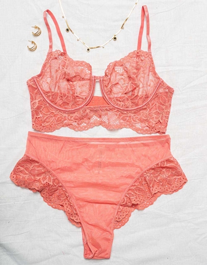 Εικόνα της Σετ εσώρουχα με δίχτυ και δαντέλα Σομόν