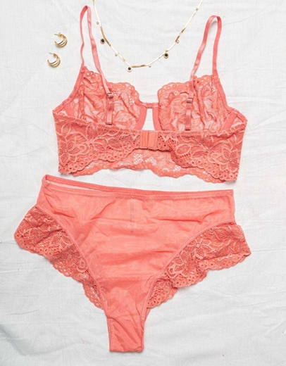 Εικόνα της Σετ εσώρουχα με δίχτυ και δαντέλα Σομόν