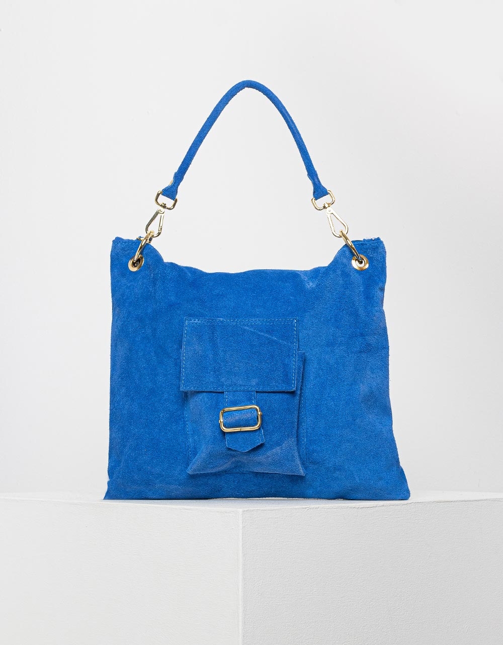 Εικόνα από Γυναικεία τσάντα χειρός από γνήσιο δέρμα με εξωτερικό τσεπάκι Μπλε