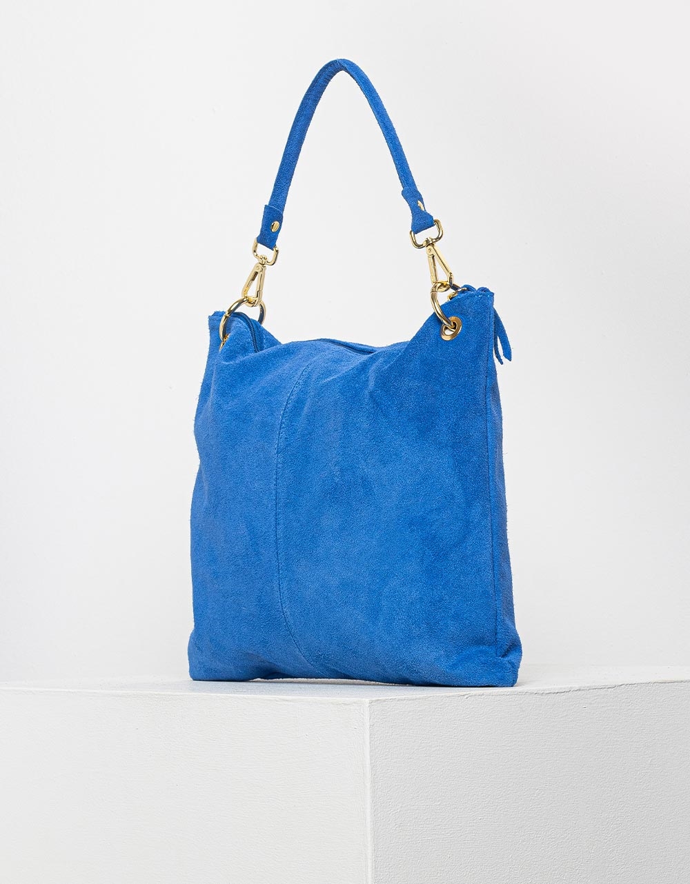Εικόνα από Γυναικεία τσάντα χειρός από γνήσιο δέρμα με εξωτερικό τσεπάκι Μπλε