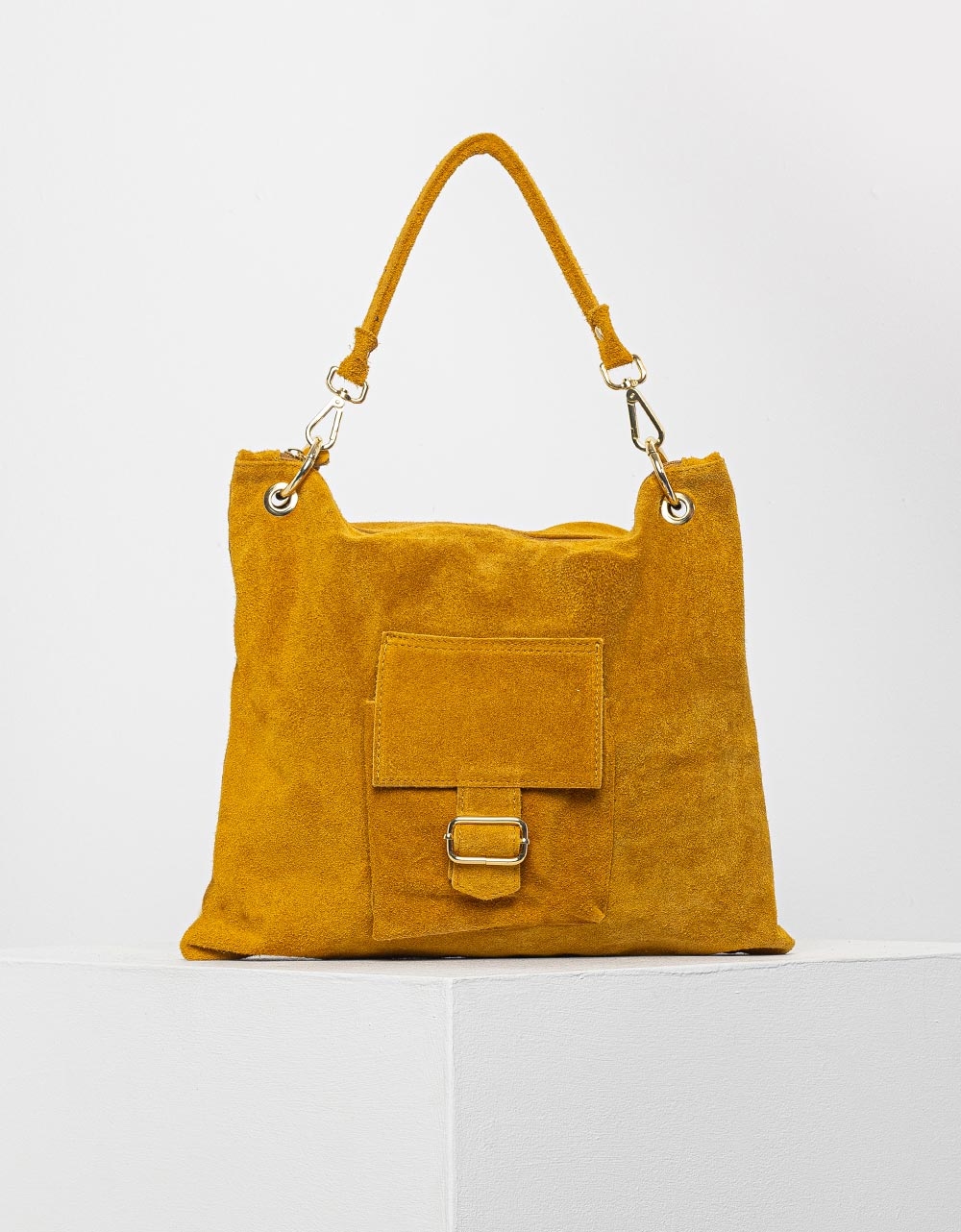 Εικόνα από Γυναικεία τσάντα χειρός από γνήσιο δέρμα με εξωτερικό τσεπάκι Κίτρινο