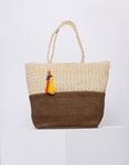 Εικόνα από Ψάθινη τσάντα χειρός με διχρωμία και διακοσμητικό φουντάκι Μπέζ/Κάφε