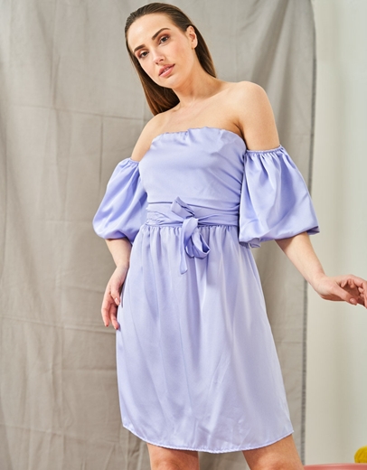 Εικόνα της Μονόχρωμο μίνι φόρεμα με puffy μανίκια Μωβ