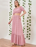 Εικόνα από Floral σετ maxi φούστα και off shoulder crop top Ροζ