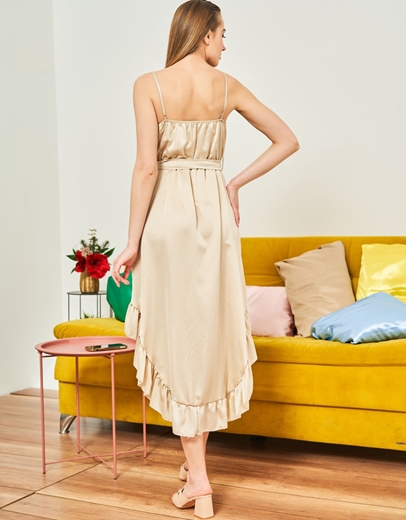 Εικόνα της Κρουαζέ ασύμμετρο φόρεμα με βολάν Μπεζ