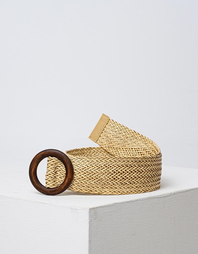 Εικόνα της Γυναικεία ζώνη με πλεκτό σχέδιο και ξύλινο τοκά Μπεζ