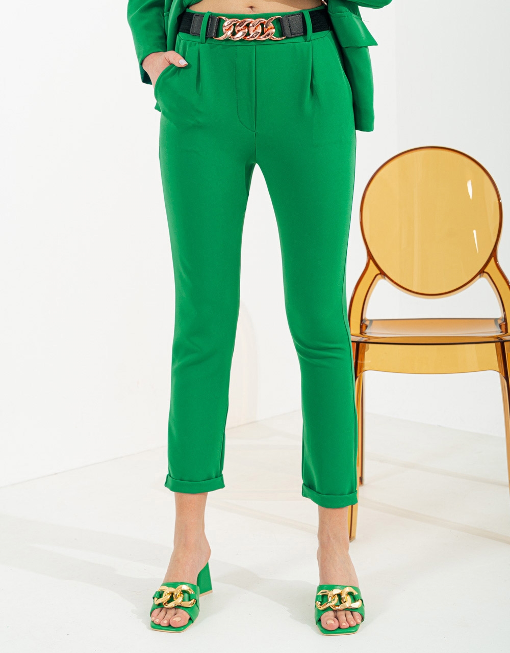 Εικόνα από Υφασμάτινο παντελόνι με ρεβέρ και ελαστική ζώνη Πράσινο