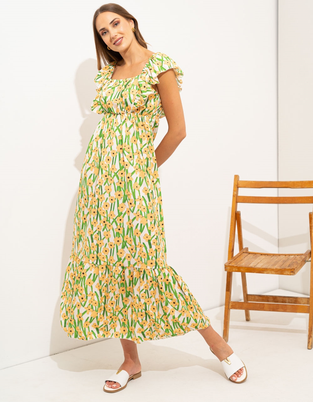 Εικόνα από Μάξι φόρεμα με βολάν Κίτρινο